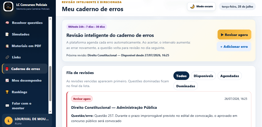 Caderno de erros da Plataforma LC Carreiras Policiais