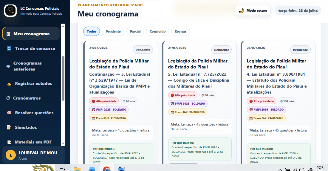 Cronograma personalizado real da Plataforma de Estudos LC Carreiras